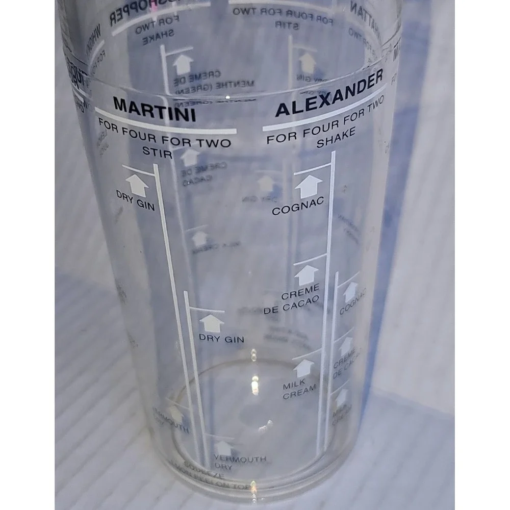 Clear Acrylic Cocktail Shaker with Printed Drink Recipes and Measurements 9.5